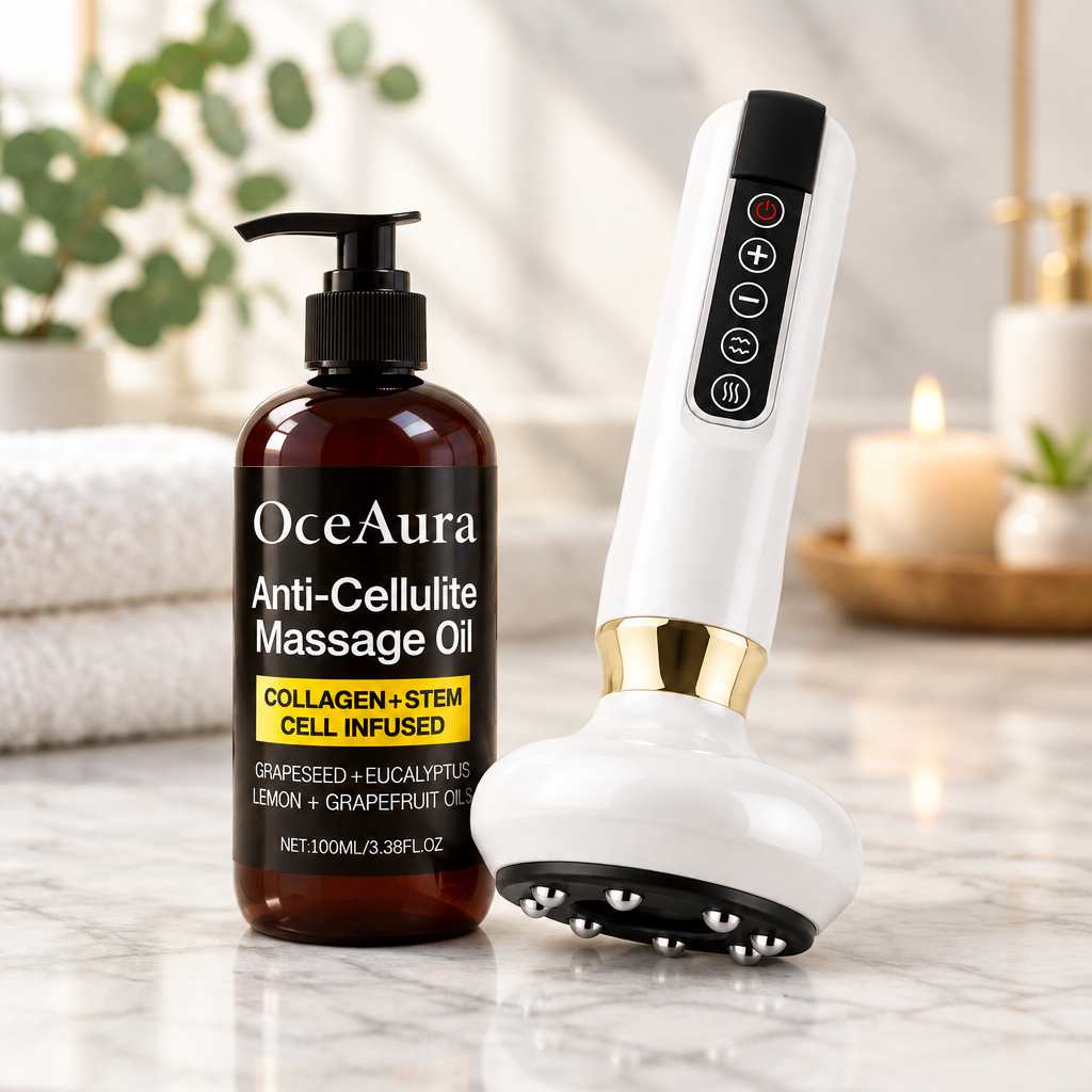 Slip oil shown with the cupping massager